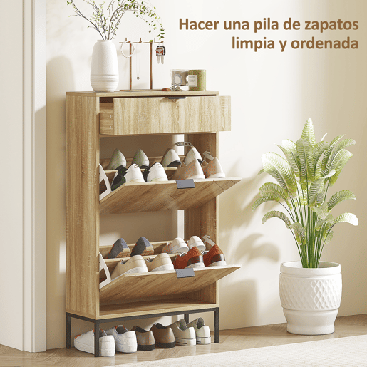 Sapateira estreita com 2 portas, gaveta e prateleiras ajustáveis para 8 pares de sapatos, 60x24x105,5 cm, carvalho Sapateira estreita com 2 portas, gaveta e prateleiras ajustáveis para 8 pares de sapatos, 60x24x105,5 cm, carvalho