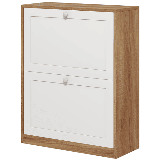 Sapateira estreita com 2 portas e prateleiras ajustáveis para 12 pares de sapatos, 60x24,5x75,5 cm, nases natural e branca Sapateira estreita com 2 portas e prateleiras ajustáveis para 12 pares de sapatos, 60x24,5x75,5 cm, nases natural e branca