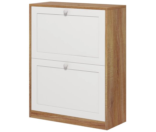 Zapatero estrecho con 2 puertas estantes ajustables para 12 pares 60x24,5x75,5 cm natural y blanco