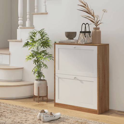 Sapateira estreita com 2 portas e prateleiras ajustáveis para 12 pares de sapatos, 60x24,5x75,5 cm, nases natural e branca Sapateira estreita com 2 portas e prateleiras ajustáveis para 12 pares de sapatos, 60x24,5x75,5 cm, nases natural e branca