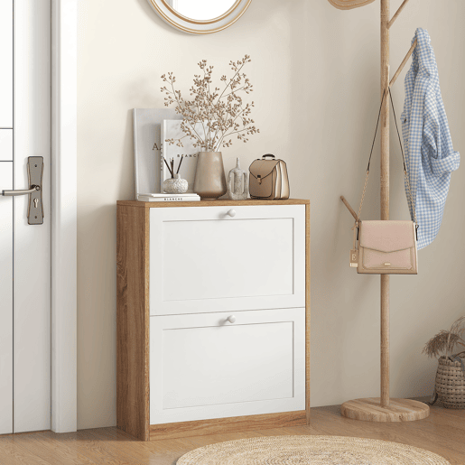 Sapateira estreita com 2 portas e prateleiras ajustáveis para 12 pares de sapatos, 60x24,5x75,5 cm, nases natural e branca Sapateira estreita com 2 portas e prateleiras ajustáveis para 12 pares de sapatos, 60x24,5x75,5 cm, nases natural e branca