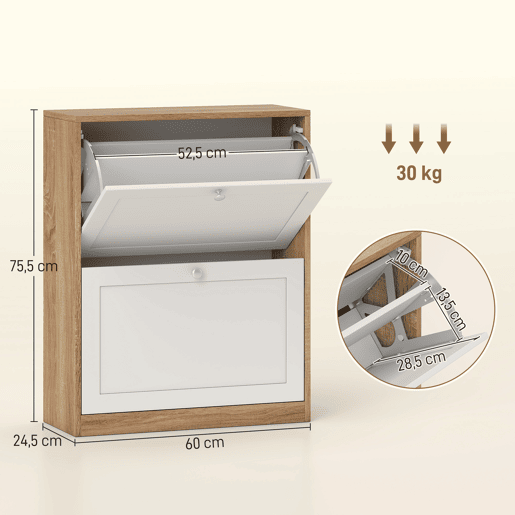 Sapateira estreita com 2 portas e prateleiras ajustáveis para 12 pares de sapatos, 60x24,5x75,5 cm, nases natural e branca Sapateira estreita com 2 portas e prateleiras ajustáveis para 12 pares de sapatos, 60x24,5x75,5 cm, nases natural e branca