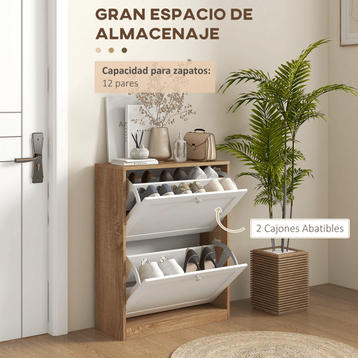 Sapateira estreita com 2 portas e prateleiras ajustáveis para 12 pares de sapatos, 60x24,5x75,5 cm, nases natural e branca Sapateira estreita com 2 portas e prateleiras ajustáveis para 12 pares de sapatos, 60x24,5x75,5 cm, nases natural e branca