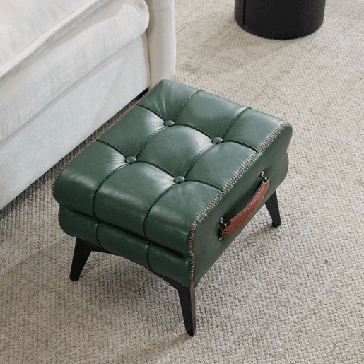 Apoio para os pés portátil - multifuncional com pés metálicos, assento em pele, banquinho para trocar de sapatos e decoração de interiores - Verde