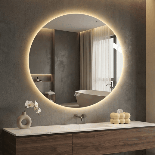 Espelho de casa de banho LED redondo de 70 cm - retroiluminado, antiembaciamento, 3 cores de luz, regulação contínua, função de memória, interruptor tátil, espelho HD sem cobre de 5 mm - prateado Espelho de casa de banho LED redondo de 70 cm - retroiluminado, antiembaciamento, 3 cores de luz, regulação contínua, função de memória, interruptor tátil, espelho HD sem cobre de 5 mm - prateado
