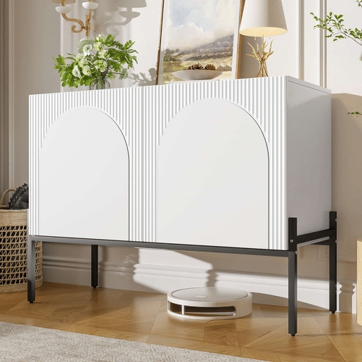 Aparador 100 x 75 x 40 cm - 2 portas, pés metálicos, design com linhas curvas, estilo moderno minimalista - Branco Aparador 100 x 75 x 40 cm - 2 portas, pés metálicos, design com linhas curvas, estilo moderno minimalista - Branco