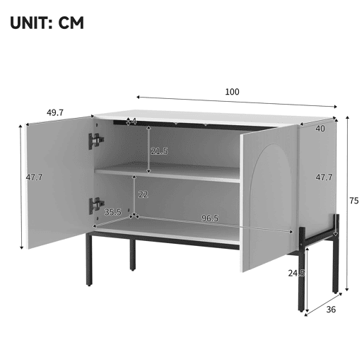 Aparador 100 x 75 x 40 cm - 2 portas, pés metálicos, design com linhas curvas, estilo moderno minimalista - Branco Aparador 100 x 75 x 40 cm - 2 portas, pés metálicos, design com linhas curvas, estilo moderno minimalista - Branco