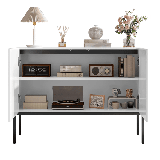 Aparador 100 x 75 x 40 cm - 2 portas, pés metálicos, design com linhas curvas, estilo moderno minimalista - Branco Aparador 100 x 75 x 40 cm - 2 portas, pés metálicos, design com linhas curvas, estilo moderno minimalista - Branco