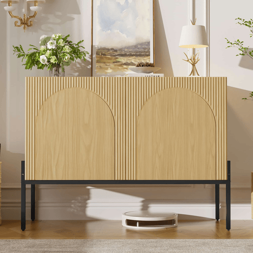 Aparador 100 x 75 x 40 cm - 2 portas, pés metálicos, design com linhas curvas, estilo moderno minimalista - Natural
