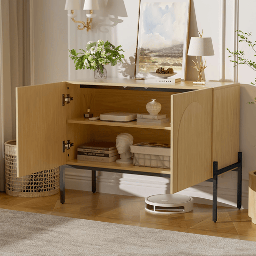 Aparador 100 x 75 x 40 cm - 2 portas, pés metálicos, design com linhas curvas, estilo moderno minimalista - Natural