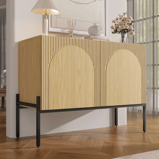 Aparador 100 x 75 x 40 cm - 2 portas, pés metálicos, design com linhas curvas, estilo moderno minimalista - Natural