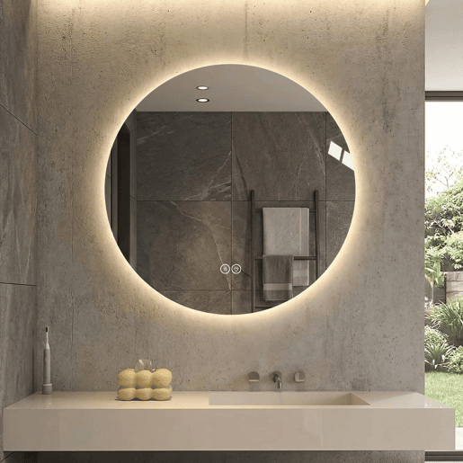 Espelho LED redondo para casa de banho, 80 cm - retroiluminado, antiembaciamento, 3 cores de luz, regulação contínua, função de memória, interruptor tátil, espelho HD sem cobre de 5 mm - Prateado Espelho LED redondo para casa de banho, 80 cm - retroiluminado, antiembaciamento, 3 cores de luz, regulação contínua, função de memória, interruptor tátil, espelho HD sem cobre de 5 mm - Prateado
