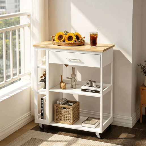 Carrinho de cozinha 73 x 38 x 88 cm u2013 com rodas, portátil, prateleira auxiliar multifuncional u2013 Branco e madeira Carrinho de cozinha 73 x 38 x 88 cm u2013 com rodas, portátil, prateleira auxiliar multifuncional u2013 Branco e madeira