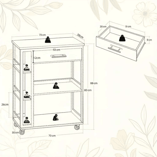 Carrinho de cozinha 73 x 38 x 88 cm u2013 com rodas, portátil, prateleira auxiliar multifuncional u2013 Branco e madeira Carrinho de cozinha 73 x 38 x 88 cm u2013 com rodas, portátil, prateleira auxiliar multifuncional u2013 Branco e madeira