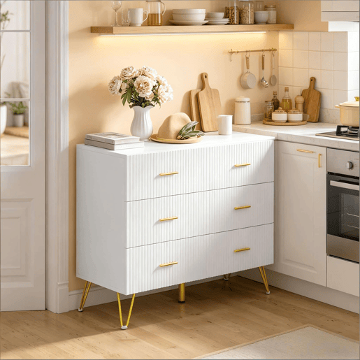 Aparador 100 x 40 x 75 cm - Design elegante, móvel auxiliar multifuncional com espaço de arrumação e que pode ser utilizado como consolamóvel de TV - Branco e dourado