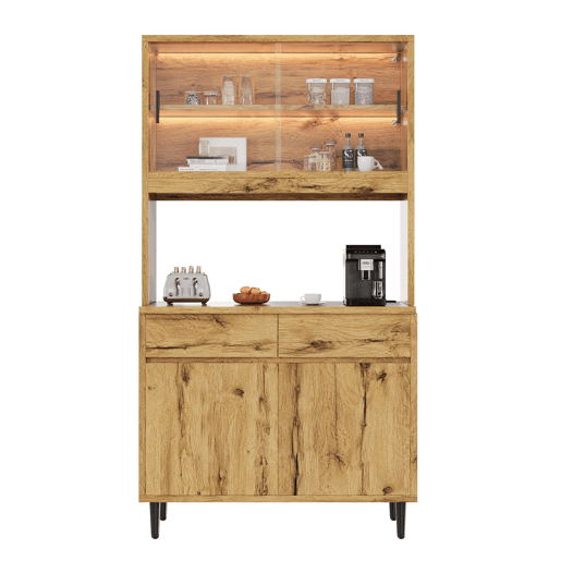 Aparador alto para sala de jantar 100 x 40 x 185 cm u2014 amplo espaço de arrumação, tomadas integradas, portas USB-C e USB-A, faixa LED multicolorida u2014 carvalho Aparador alto para sala de jantar 100 x 40 x 185 cm u2014 amplo espaço de arrumação, tomadas integradas, portas USB-C e USB-A, faixa LED multicolorida u2014 carvalho