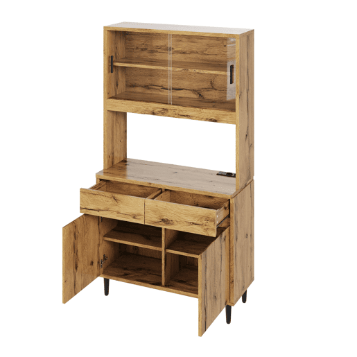 Aparador alto para sala de jantar 100 x 40 x 185 cm u2014 amplo espaço de arrumação, tomadas integradas, portas USB-C e USB-A, faixa LED multicolorida u2014 carvalho Aparador alto para sala de jantar 100 x 40 x 185 cm u2014 amplo espaço de arrumação, tomadas integradas, portas USB-C e USB-A, faixa LED multicolorida u2014 carvalho