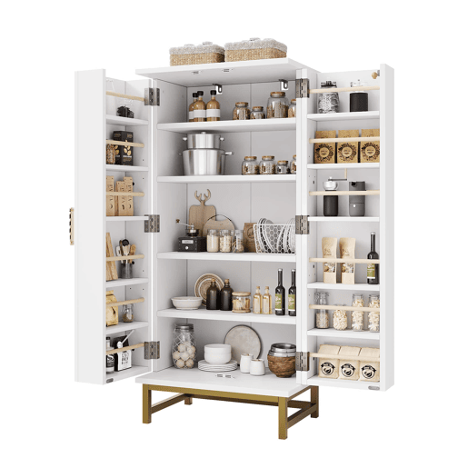 Armário de cozinha u2014 com prateleiras ajustáveis, ideal para espaços pequenos, móvel auxiliar de arrumação u2014 branco e dourado