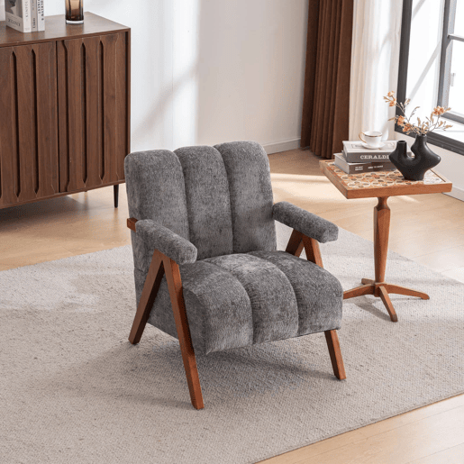 Poltrona auxiliar 77 x 68,5 x 77 cm u2014 design bouclé com estrutura em madeira e braços, para a sala de estar e o quarto u2014 cinzento Poltrona auxiliar 77 x 68,5 x 77 cm u2014 design bouclé com estrutura em madeira e braços, para a sala de estar e o quarto u2014 cinzento
