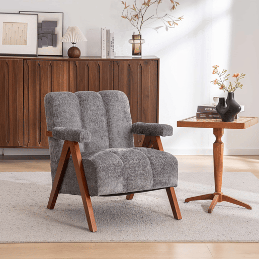 Poltrona auxiliar 77 x 68,5 x 77 cm u2014 design bouclé com estrutura em madeira e braços, para a sala de estar e o quarto u2014 cinzento Poltrona auxiliar 77 x 68,5 x 77 cm u2014 design bouclé com estrutura em madeira e braços, para a sala de estar e o quarto u2014 cinzento