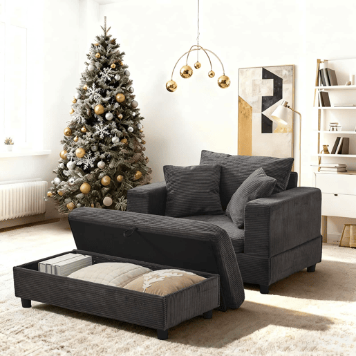 Espreguiçadeira 107 x 74 x 57 cm u2014 com apoio para os pés, espaço de arrumação e 3 almofadas u2014 Cinzento Espreguiçadeira 107 x 74 x 57 cm u2014 com apoio para os pés, espaço de arrumação e 3 almofadas u2014 Cinzento