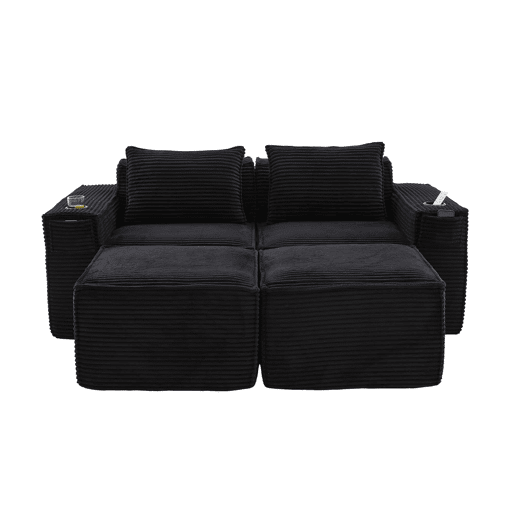 Sofá modular de 2 lugares com 2 banquinhos - encosto estável, molas ensacadas, espuma de alta densidade, porta-copos e bolsos laterais, montagem sem ferramentas - Preto Sofá modular de 2 lugares com 2 banquinhos - encosto estável, molas ensacadas, espuma de alta densidade, porta-copos e bolsos laterais, montagem sem ferramentas - Preto