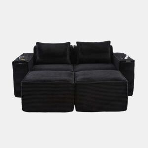Sofá modular de 2 lugares com 2 banquinhos - encosto estável, molas ensacadas, espuma de alta densidade, porta-copos e bolsos laterais, montagem sem ferramentas - Preto