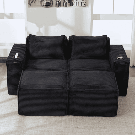Sofá modular de 2 lugares com 2 banquinhos - encosto estável, molas ensacadas, espuma de alta densidade, porta-copos e bolsos laterais, montagem sem ferramentas - Preto Sofá modular de 2 lugares com 2 banquinhos - encosto estável, molas ensacadas, espuma de alta densidade, porta-copos e bolsos laterais, montagem sem ferramentas - Preto