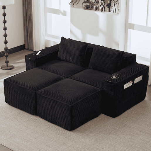 Sofá modular de 2 lugares com 2 banquinhos - encosto estável, molas ensacadas, espuma de alta densidade, porta-copos e bolsos laterais, montagem sem ferramentas - Preto Sofá modular de 2 lugares com 2 banquinhos - encosto estável, molas ensacadas, espuma de alta densidade, porta-copos e bolsos laterais, montagem sem ferramentas - Preto