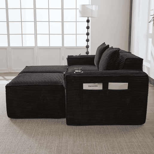 Sofá modular de 2 lugares com 2 banquinhos - encosto estável, molas ensacadas, espuma de alta densidade, porta-copos e bolsos laterais, montagem sem ferramentas - Preto Sofá modular de 2 lugares com 2 banquinhos - encosto estável, molas ensacadas, espuma de alta densidade, porta-copos e bolsos laterais, montagem sem ferramentas - Preto