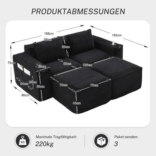 Sofá modular de 2 lugares com 2 banquinhos - encosto estável, molas ensacadas, espuma de alta densidade, porta-copos e bolsos laterais, montagem sem ferramentas - Preto Sofá modular de 2 lugares com 2 banquinhos - encosto estável, molas ensacadas, espuma de alta densidade, porta-copos e bolsos laterais, montagem sem ferramentas - Preto