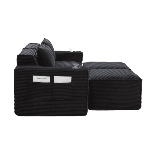 Sofá modular de 2 lugares com 2 banquinhos - encosto estável, molas ensacadas, espuma de alta densidade, porta-copos e bolsos laterais, montagem sem ferramentas - Preto Sofá modular de 2 lugares com 2 banquinhos - encosto estável, molas ensacadas, espuma de alta densidade, porta-copos e bolsos laterais, montagem sem ferramentas - Preto