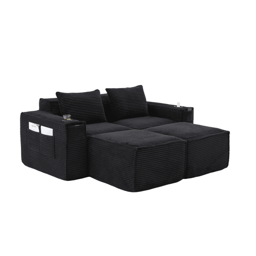 Sofá modular de 2 lugares com 2 banquinhos - encosto estável, molas ensacadas, espuma de alta densidade, porta-copos e bolsos laterais, montagem sem ferramentas - Preto Sofá modular de 2 lugares com 2 banquinhos - encosto estável, molas ensacadas, espuma de alta densidade, porta-copos e bolsos laterais, montagem sem ferramentas - Preto