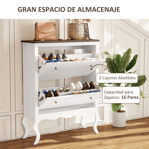 Sapateira estreita com 2 gavetas basculantes e prateleiras ajustáveis para 16 pares de sapatos, 84x29x109 cm, branca Sapateira estreita com 2 gavetas basculantes e prateleiras ajustáveis para 16 pares de sapatos, 84x29x109 cm, branca