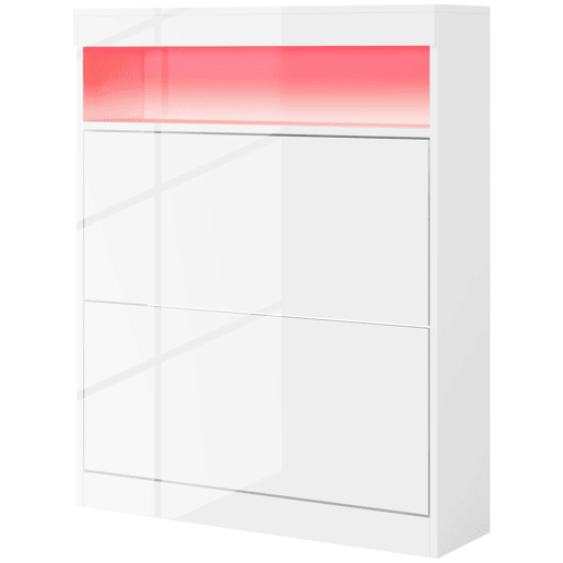 Sapateira com luzes LED e 2 gavetas basculantes para 12 a 16 pares de sapatos, 80x24x99,5 cm, branco brilhante Sapateira com luzes LED e 2 gavetas basculantes para 12 a 16 pares de sapatos, 80x24x99,5 cm, branco brilhante