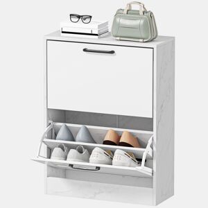 Sapateira estreita com 2 portas de alto brilho, prateleiras ajustáveis, design em mármore, para 8 pares de sapatos, 60x24x80 cm, branca