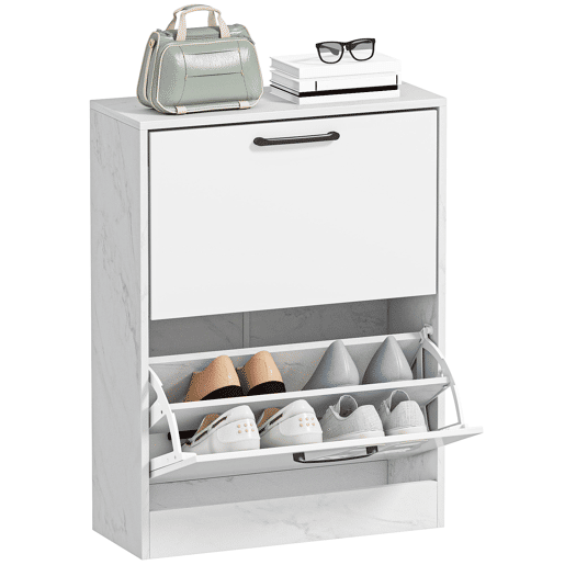 Sapateira estreita com 2 portas de alto brilho, prateleiras ajustáveis, design em mármore, para 8 pares de sapatos, 60x24x80 cm, branca Sapateira estreita com 2 portas de alto brilho, prateleiras ajustáveis, design em mármore, para 8 pares de sapatos, 60x24x80 cm, branca