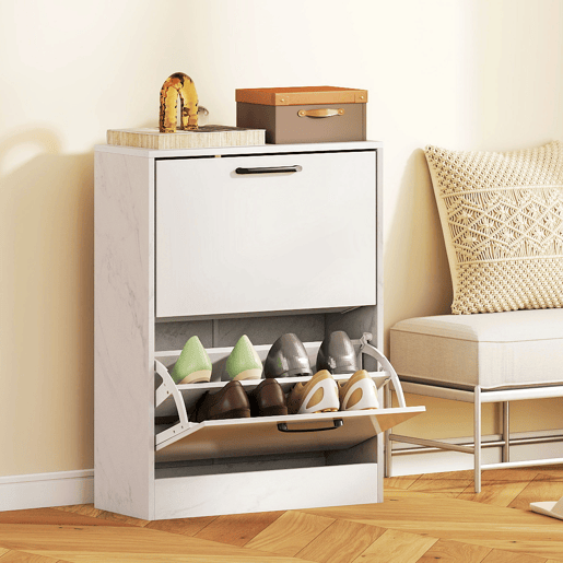 Sapateira estreita com 2 portas de alto brilho, prateleiras ajustáveis, design em mármore, para 8 pares de sapatos, 60x24x80 cm, branca Sapateira estreita com 2 portas de alto brilho, prateleiras ajustáveis, design em mármore, para 8 pares de sapatos, 60x24x80 cm, branca