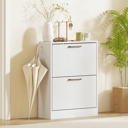 Sapateira estreita com 2 portas de alto brilho, prateleiras ajustáveis, design em mármore, para 8 pares de sapatos, 60x24x80 cm, branca Sapateira estreita com 2 portas de alto brilho, prateleiras ajustáveis, design em mármore, para 8 pares de sapatos, 60x24x80 cm, branca
