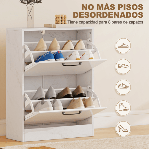 Sapateira estreita com 2 portas de alto brilho, prateleiras ajustáveis, design em mármore, para 8 pares de sapatos, 60x24x80 cm, branca Sapateira estreita com 2 portas de alto brilho, prateleiras ajustáveis, design em mármore, para 8 pares de sapatos, 60x24x80 cm, branca
