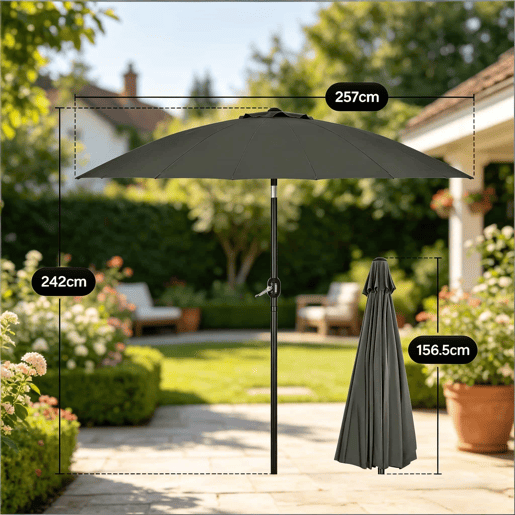 Guarda-sol de jardim 156,5 x 257 x 242 cm - tamanho grande com inclinação ajustável para terraço e piscina - cinzento escuro Guarda-sol de jardim 156,5 x 257 x 242 cm - tamanho grande com inclinação ajustável para terraço e piscina - cinzento escuro