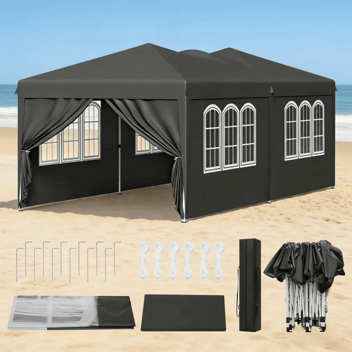 Gazebo de jardim 581 x 293 x 265 cm u2013 dobrável, espaçoso, com área de privacidade e saco de transporte u2013 Cinzento Gazebo de jardim 581 x 293 x 265 cm u2013 dobrável, espaçoso, com área de privacidade e saco de transporte u2013 Cinzento