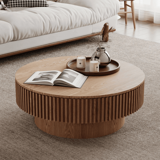 Mesa de centro redonda de 75 cm u2014 moderna, com espaço de arrumação e acabamento em madeira natural u2014 madeira natural Mesa de centro redonda de 75 cm u2014 moderna, com espaço de arrumação e acabamento em madeira natural u2014 madeira natural