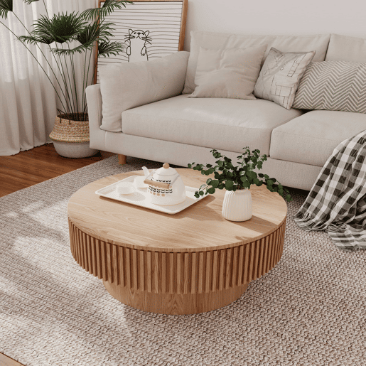 Mesa de centro redonda de 75 cm u2014 moderna, com espaço de arrumação e acabamento em madeira natural u2014 madeira natural Mesa de centro redonda de 75 cm u2014 moderna, com espaço de arrumação e acabamento em madeira natural u2014 madeira natural