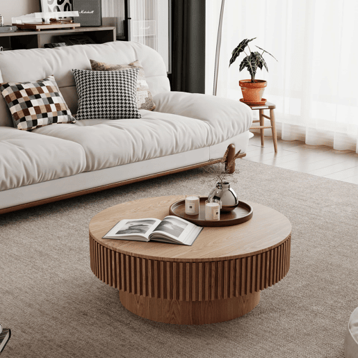 Mesa de centro redonda de 75 cm u2014 moderna, com espaço de arrumação e acabamento em madeira natural u2014 madeira natural Mesa de centro redonda de 75 cm u2014 moderna, com espaço de arrumação e acabamento em madeira natural u2014 madeira natural