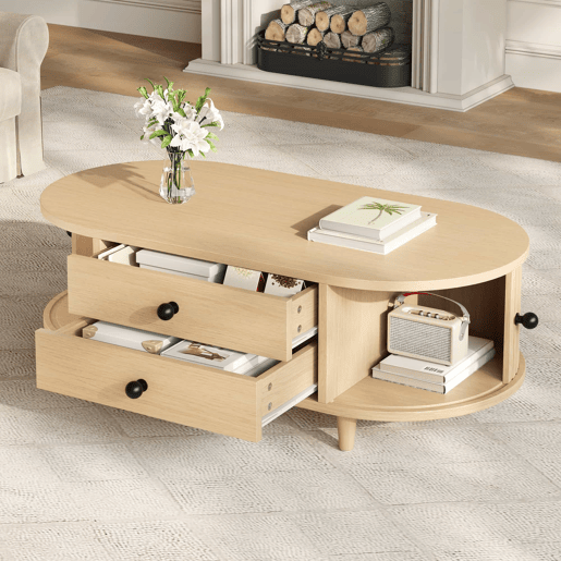 Mesa de centro redonda 100×50×36 cm - portas de correr, 2 gavetas, MDF, pés em madeira maciça, capacidade de carga de 50 kg - madeira natural Mesa de centro redonda 100×50×36 cm - portas de correr, 2 gavetas, MDF, pés em madeira maciça, capacidade de carga de 50 kg - madeira natural