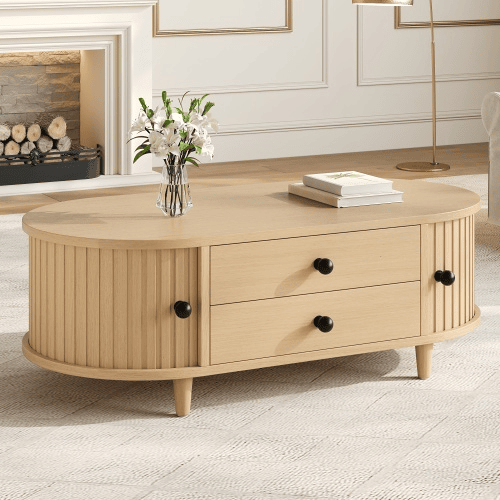 Mesa de centro redonda 100×50×36 cm - portas de correr, 2 gavetas, MDF, pés em madeira maciça, capacidade de carga de 50 kg - madeira natural Mesa de centro redonda 100×50×36 cm - portas de correr, 2 gavetas, MDF, pés em madeira maciça, capacidade de carga de 50 kg - madeira natural