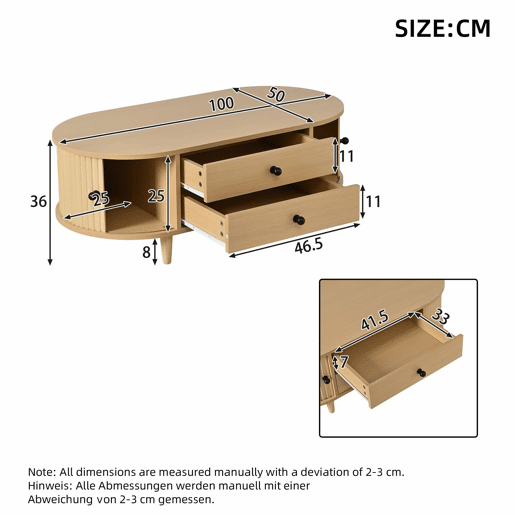 Mesa de centro redonda 100×50×36 cm - portas de correr, 2 gavetas, MDF, pés em madeira maciça, capacidade de carga de 50 kg - madeira natural Mesa de centro redonda 100×50×36 cm - portas de correr, 2 gavetas, MDF, pés em madeira maciça, capacidade de carga de 50 kg - madeira natural