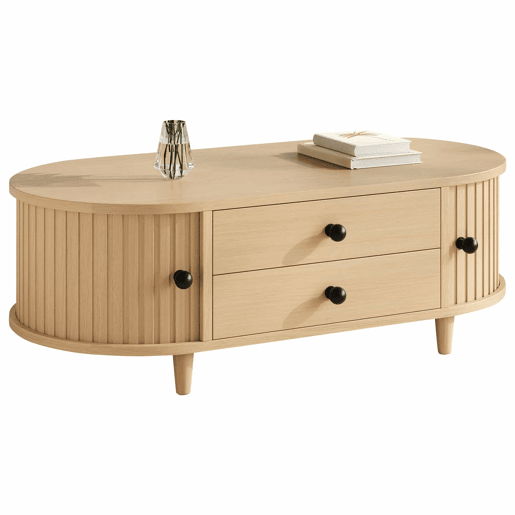 Mesa de centro redonda 100×50×36 cm - portas de correr, 2 gavetas, MDF, pés em madeira maciça, capacidade de carga de 50 kg - madeira natural Mesa de centro redonda 100×50×36 cm - portas de correr, 2 gavetas, MDF, pés em madeira maciça, capacidade de carga de 50 kg - madeira natural