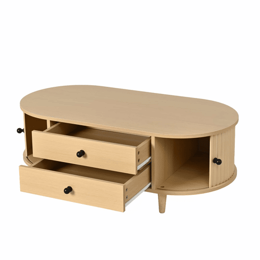 Mesa de centro redonda 100×50×36 cm - portas de correr, 2 gavetas, MDF, pés em madeira maciça, capacidade de carga de 50 kg - madeira natural Mesa de centro redonda 100×50×36 cm - portas de correr, 2 gavetas, MDF, pés em madeira maciça, capacidade de carga de 50 kg - madeira natural